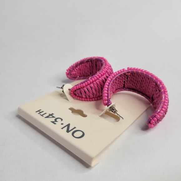 On 34th Silver-Tone Medium Color Seed Bead & Raffia C-Hoop Earrings, 1.25" Pink - Picture 5 of 6